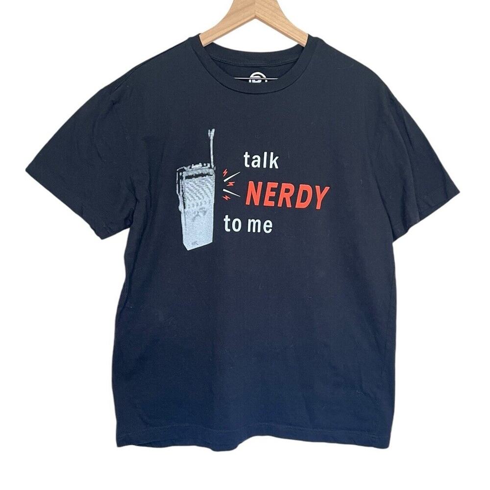 RADIO SHACK Mens T Shirt Size M Black Talk Nerdy To Me Hand Held Short Sleeve